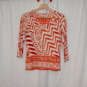 Chicos Size ) Blouse Orange White Graphic